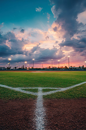 Bright green grass of the baseball field glows under a vibrant sunset, inviting future games, with colorful clouds reflecting the warmth of the evening.の素材