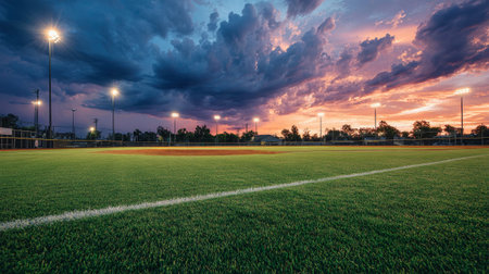 As the sun sets, the baseball field glows under the bright lights, framed by rich green grass and striking clouds, capturing the essence of athletic beauty.の素材