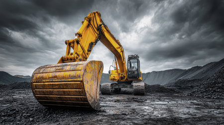 A yellow excavator is actively engaged at a mining site, surrounded by heavy black soil and coal piles, set against a dramatic overcast sky.の素材