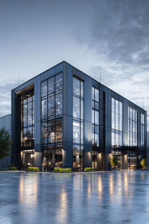 Dusk casts a soft glow on a modern industrial building with reflective glass and metal panels, revealing an inviting office space in an urban environment.の素材