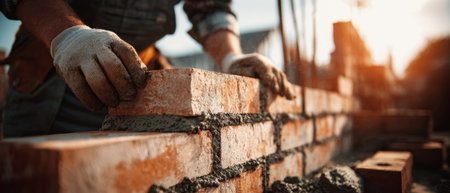 On a sunny day, a diligent worker in overalls skillfully lays bricks, cementing them into place to create a robust wall at a bustling construction site.の素材