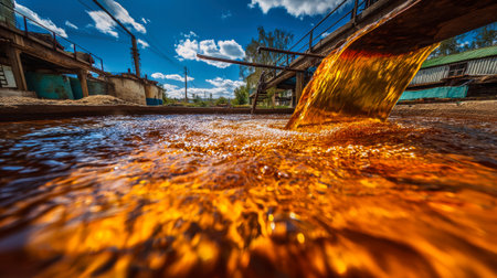 Golden-hued water cascades through a purification system, showing the beauty of natural processes against a vibrant sky on a sunny day.の素材