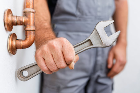 Skilled plumber works diligently on a water supply system, expertly holding a pipe wrench while addressing copper pipe repairs in a charming home environment.の素材