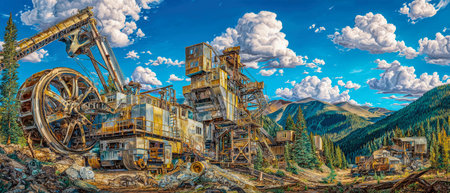 Large mining machinery dominates the landscape, intertwining with lush forests and majestic mountains under a vibrant blue sky filled with clouds.の素材