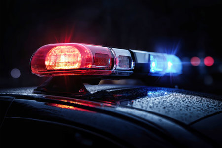 A police car stands ready with vivid red and blue lights flashing, reflecting off a wet urban surface, embodying authority and urgency in the night.の素材