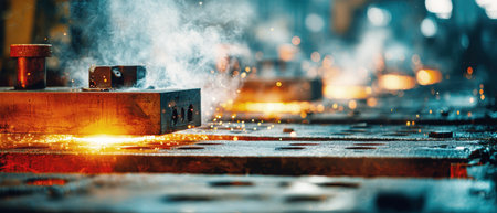 Bright sparks fly as a CNC machine operates on a factory production line, showcasing the dynamic and intense atmosphere of modern industrial engineering.の素材