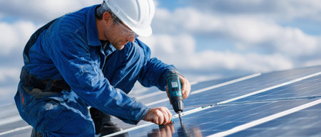 A dedicated worker assembles solar panels using an electric drill, showing commitment to renewable energy under a clear blue sky.の素材