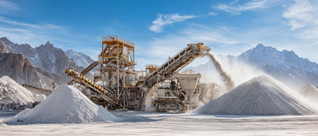 Granite quarry showcases a large stone crusher moving gray sand and rocks onto white marble powder piles under bright blue skies, highlighting industrial activity.の素材