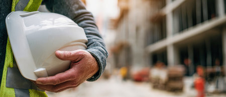 An engineer in a safety vest holds a white hard hat, exuding confidence amid the vibrant energy of construction activities in soft-focus light.の素材