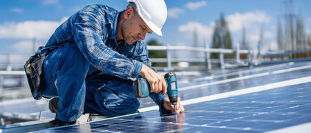A man in blue work clothes carefully assembles solar panels using an electric drill, contributing to sustainable energy solutions on a clear day.の素材