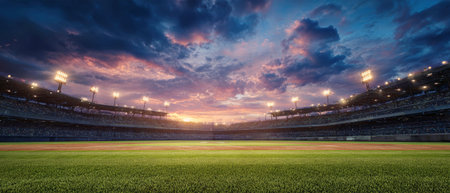 Under a dramatic sunset sky, a lush baseball field is beautifully illuminated, setting the perfect stage for thrilling night games and sports excitement.の素材