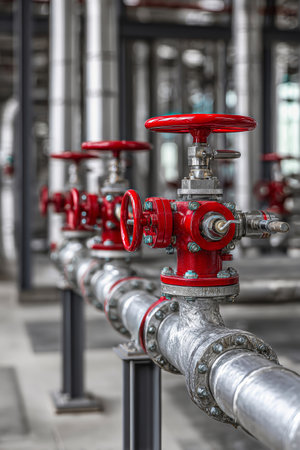 Bold red valves and sleek silver pipes form a complex network in a large industrial setting, showing the elegance of functional plumbing design.の素材