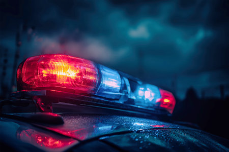 Bright red and blue lights flash from a police vehicle, casting dramatic reflections in a moody urban night setting, beckoning for attention and alertness.の素材