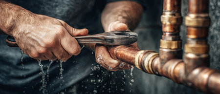 Close-up of skilled hands adjusting copper pipes with a wrench during plumbing maintenance. Water drips create a dynamic, realistic atmosphere.の素材