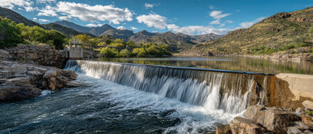 Water cascades from a dam into a serene river setting, with rugged mountains and a clear sky enhancing the tranquil beauty of this daytime landscape.の素材