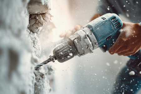 Close-up view of a worker skillfully wielding a jackhammer, surrounded by flying concrete dust in a busy construction environment.の素材