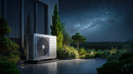 An outdoor air conditioner stands gracefully in a manicured garden, its fan blades slowly spinning while stars twinkle brightly in the night sky above.の素材