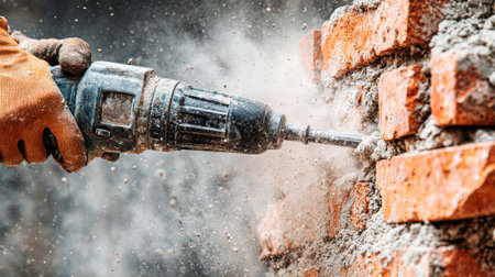 Skilled worker employs a hand drill to break down a brick wall, sending debris flying in the air at a bustling construction site during renovation.の素材