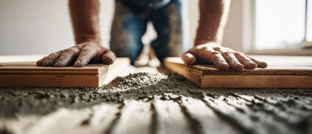 Woodworking professional artfully installs parquet flooring, carefully pouring screed over the wooden boards, showcasing craftsmanship in a contemporary room.の素材