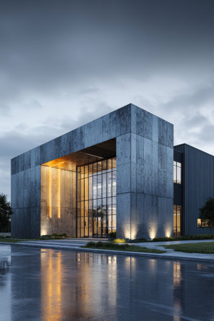 Contemporary office structure with a striking combination of metal and glass, showing a reflective surface at dusk.の素材