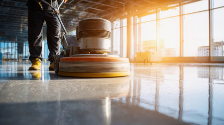 A diligent worker uses a floor polishing machine to polish the concrete surface in a sunlit office, creating a clean and shiny finish.の素材