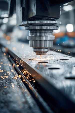 Precision CNC machines generate sparks as they effortlessly shape metal parts on an advanced assembly line, illustrating the future of manufacturing.の素材