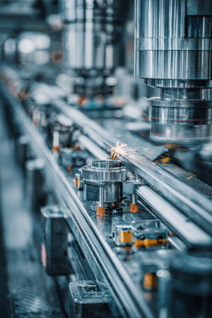 High-speed CNC machines work seamlessly as sparks fly, transforming metal parts on a futuristic production line driven by advanced technology and artistry.の素材