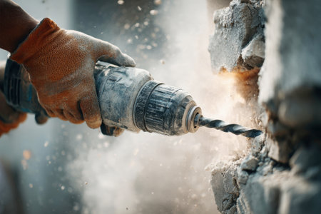 Focused worker uses a powerful drill to break through a concrete wall, causing white dust to swirl around in a dynamic construction setting filled with energy.の素材
