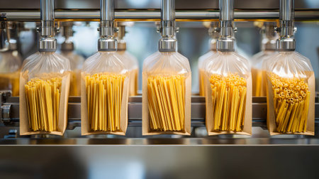In a lively factory, a state-of-the-art packing machine fills bags with fresh pasta and spaghetti, embodying the art of food production in motion.の素材