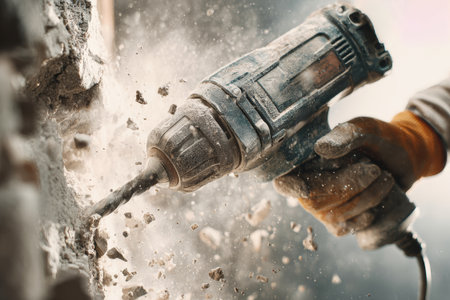 Worker actively engages in breaking a wall with a jackhammer, showcasing powerful detail and motion with debris flying around in a construction setting.の素材