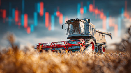 Glimmering under the setting sun, the combine harvester efficiently gathers crops, symbolizing agricultural prosperity alongside rising market trends.の素材
