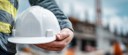 Close-up of an engineer grasping a hard hat while wearing a safety vest, set against an active construction site, emphasizing safety and professionalism.の素材