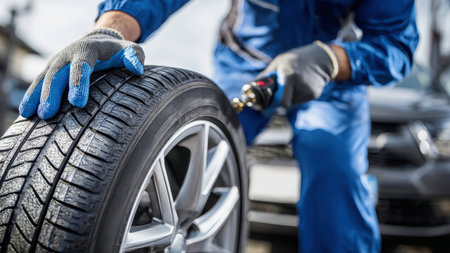 Skilled worker in blue gear adjusts a tire, highlighting intricate details against a blurred backdrop, showcasing professionalism and expertise.の素材