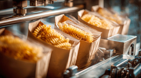 In a dynamic factory environment, a packing machine diligently fills rustic bags with various pasta shapes, showcasing a lively production process.の素材
