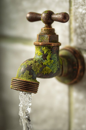In a vintage bathroom setting, an old water filter head leaks hot water, revealing rust and vibrant green algae, showing the wear of time and mineral buildup.の素材