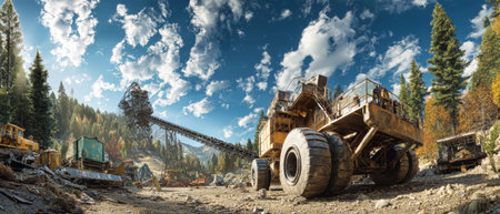 Mining equipment and conveyor belts zigzag through lush mountains, blending industry with nature beneath a vibrant sky.の素材