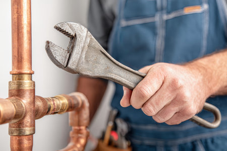 A skilled plumber using a pipe wrench expertly repairs a copper water supply system in a modern house, showcasing precision and craftsmanship.の素材