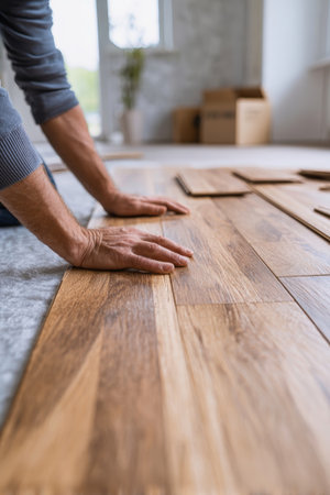 Young professional focuses on placing parquet flooring in a bright living room, showcasing craftsmanship and attention to detail during installation.の素材
