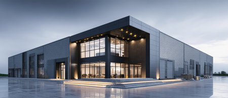 A stunning visualization shows a modern warehouse at dusk, featuring illuminated windows and a blend of sleek steel panels and glass accents.の素材