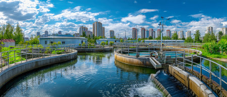 Relaxing atmosphere as water flows through a treatment plant beneath a clear blue sky, showing the vital process of water purification against an urban landscape.の素材