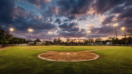 Under a breathtaking sunset, a baseball field comes alive with vibrant colors and dramatic clouds, showing the essence of sports and nature's beauty.の素材
