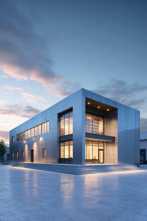 At dusk, a contemporary industrial building emerges with shiny metal panels and expansive glass windows, presenting a striking office or warehouse space ready for use.の素材