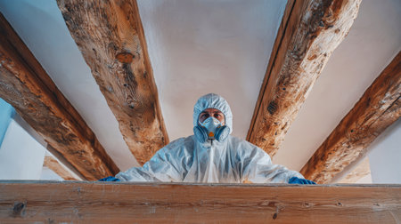 A worker in a protective suit expertly lays down polyethylene film beneath the roof of an apartment building, surrounded by rustic wooden beams and white walls.の素材
