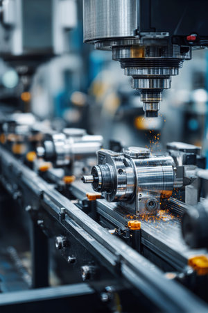 High-speed CNC machines create intricate metal parts on a bustling assembly line, showing innovative technology and efficient production methods in action.の素材