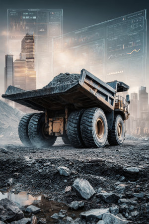 A powerful dump truck navigates a bustling construction site, loaded with dark materials as evening shadows stretch and city lights begin to shine.の素材