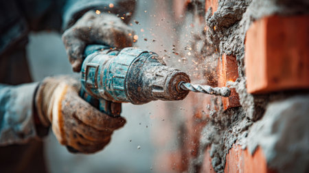 Worker skillfully operates a hand drill on a brick wall, chipping away debris and dust in a home renovation project, emphasizing construction effort and focus.の素材