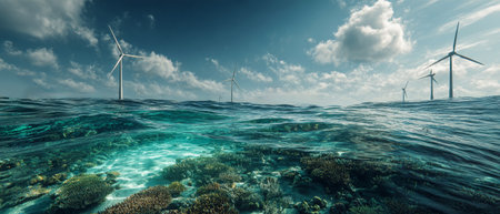 Wind turbines stand tall against the backdrop of a vibrant underwater world with coral reefs, illustrating the harmony of renewable energy and marine ecosystems.の素材