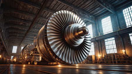 A stunning turbine gleams in a vast industrial space, sunlight streaming through large windows, highlighting modern design and craftsmanship.の素材