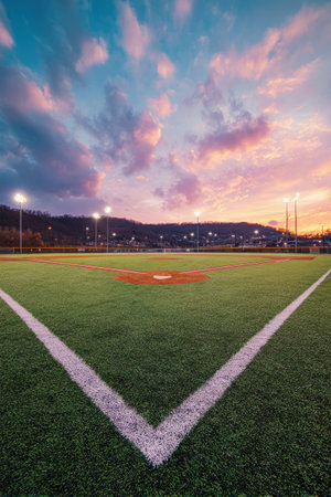A baseball field awaits the excitement of a game, bathed in the glow of a stunning sunset, with bright green grass under colorful clouds and stadium lights.の素材