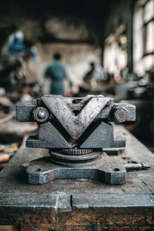 A sturdy vice rests on a workbench, with skilled artisans focused behind it, showing a blend of rustic elements and modern craftsmanship in a vibrant workspace.の素材